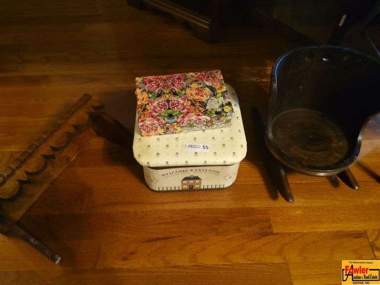 Decorative Storage Tin, Wooden Spice Rack & Vintage Doll Half-Barrel Rocking Chair image