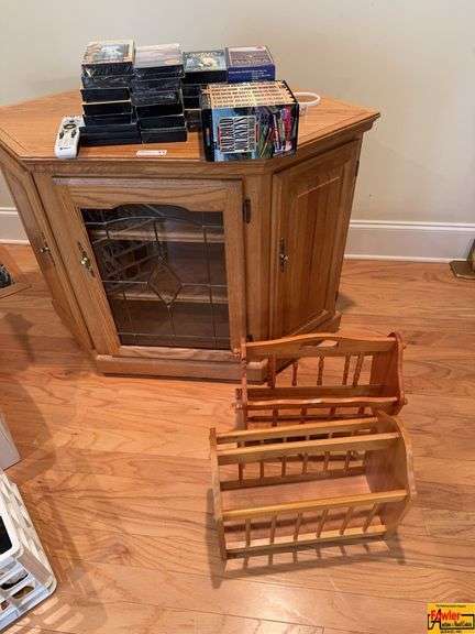 Light Wood Entertainment Center, (2) Matching Magazine Racks & DVDs image