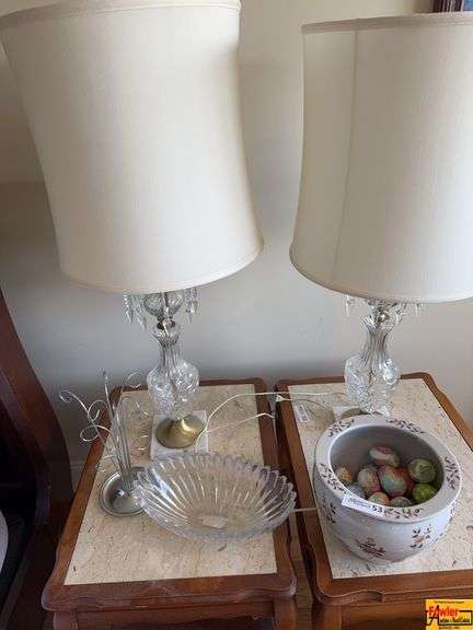 Pair Of Lead Glass Table Lamps With Clear Prisms, Necklace Tree, Lead Crystal Ribbed Candy Dish & Ceramic Planter image