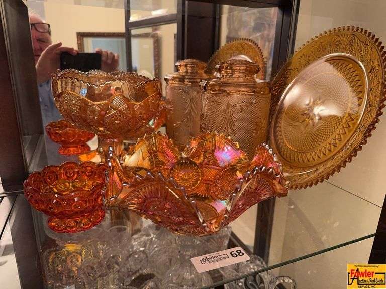 Marigold Depression Fruit Bowl & Amber Depression Canisters And Serving Tray image