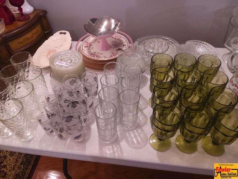 Vintage Frosted Leaf Glasses, Manchester Glasses, Vintage Green Glass Water Goblets, Porcelain Serving Dish, Serving Platters & Bowls, Sandwich Plates, Flower Frog image