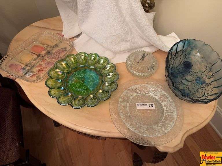 Vintage Indiana Glass Clear Diamond Point Round Candy Dish, Blue Carnival Glass Oval Fruit Bowl, Tiara Glass Plate, Indiana Green Hobnail Egg Platter & Vintage Glass Veggie Serving TrayGlass image