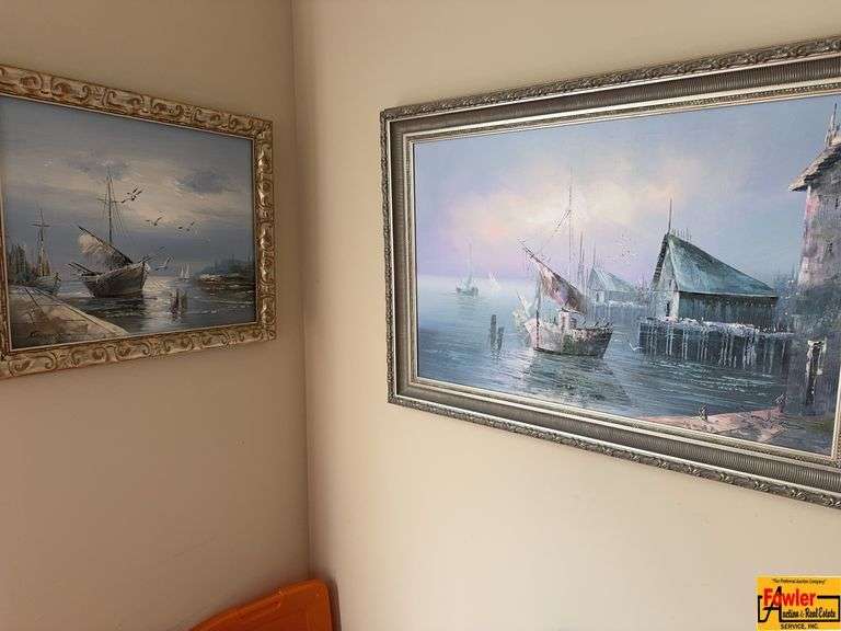 (2) Framed Ships In Harbor Prints & Books In Boxes & Totes image