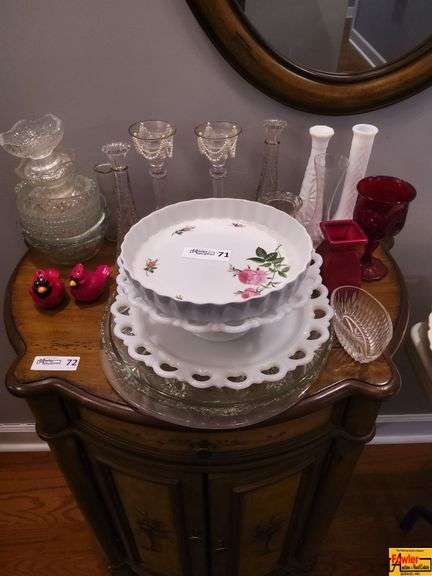 Glass Platters, Milk Glass Pedestal Serving Plate, Rose Pattern Ceramic Quiche Dish, Cardinal Salt/Pe;;er Shakers, Princess House Crystal Silverware Holder, Bud Vases, Ruby Red Goblet & Taper Candlestick Holders With Pearl Embellishments image