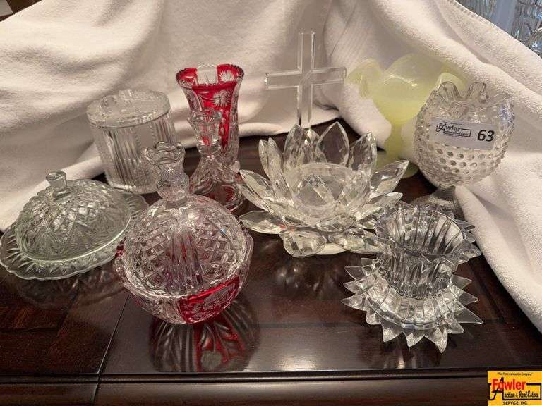All Crystal:  Tealight Candle Holder, Lotus Flower Candlestick Holder, Pair Of Taper Candlestick Holders, Vintage Candy Dish With Lid, Vintage Round Butter Dish With Lid, Vintage Poland Glass Christmas Round Present Gift Trinket Box, Ruby Red & Clear Bouquet Vase, Cross Plus Hobnail Ruffle Rose Bowl & Vintage Yellow Ruffled Compote Bowl image