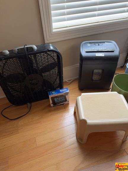 Paper Shredder, Box Fan, Digital Clock, Step Stool, Metal Magazine Rack, Large Vase & Small Garbage Cans image
