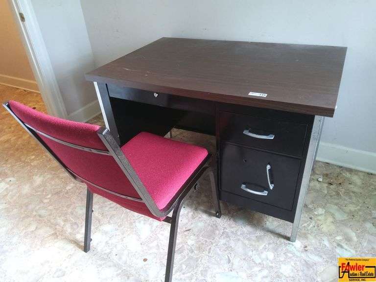Metal Desk and Red Stackable Chair image