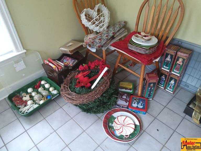 Holiday Decor Lot: Plates, Wrapping Paper, Ornaments, Wreath, Caroler Figurines & More image