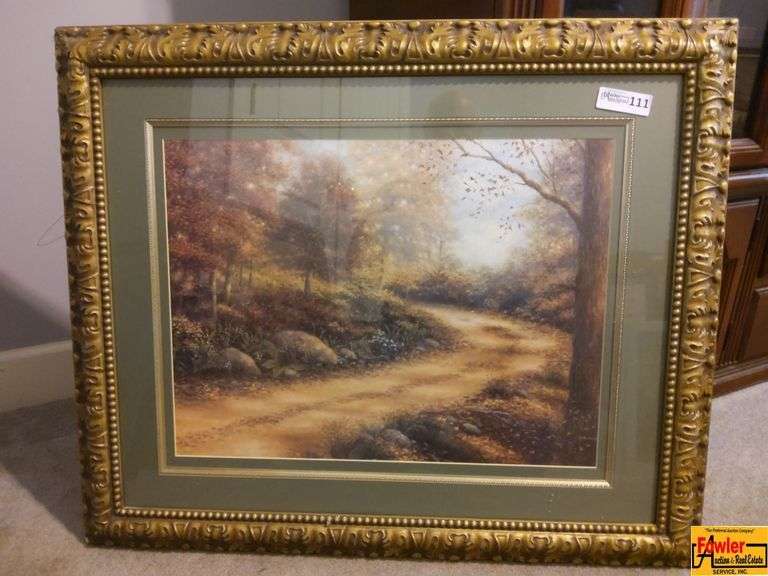 Framed Autumn Forest Landscape Print with Ornate Gold Tone Frame image
