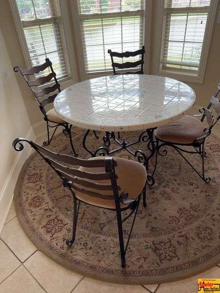 Lovely Tile Wrought Iron Round Dining Table With (4) Padded Seats image