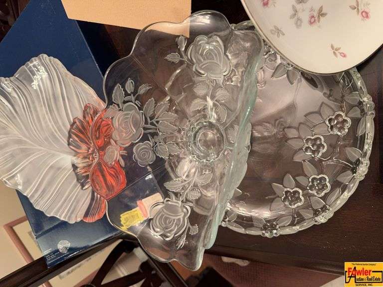 Gorham Lady Anne Salad Bowl, Bohemia Crystal Footed Pedestal Frosted Rose Fan Fruit Bowl, Crystal Round Serving Platter, Pink Rose Serving Platter, Mikasa Florale Centerpiece & Tote Of Stemware image