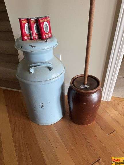 Butter Churn, Vintage Milk Can & (3) Vintage Prince Albert Cans image