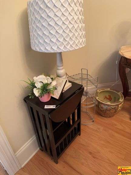 Drop Leaf Side Table With Magazine Storage, Table Lamp & Faux Floral Decor image