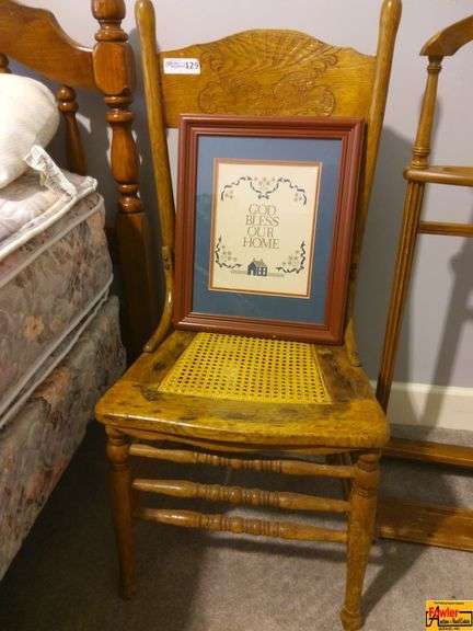 Oak Chair with Woven Seat & Framed "God Bless Our Home" Print image
