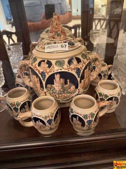 Gluhwein Pot - German Stoneware Punch Bowl With (6) Steins image