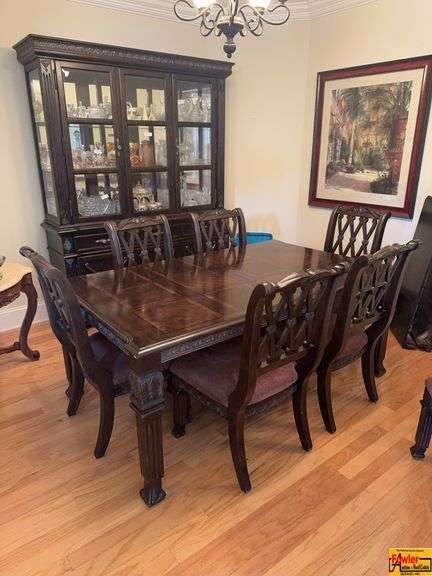 Dining Room Table With (8) Padded Seats & China Cabinet (contents in china cabinet offered in other lots) image