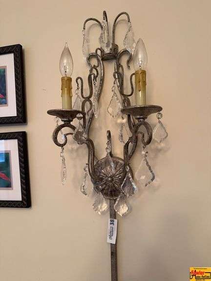 Vintage 2-Candle Wall Sconce With Crystal Clear Prisms image