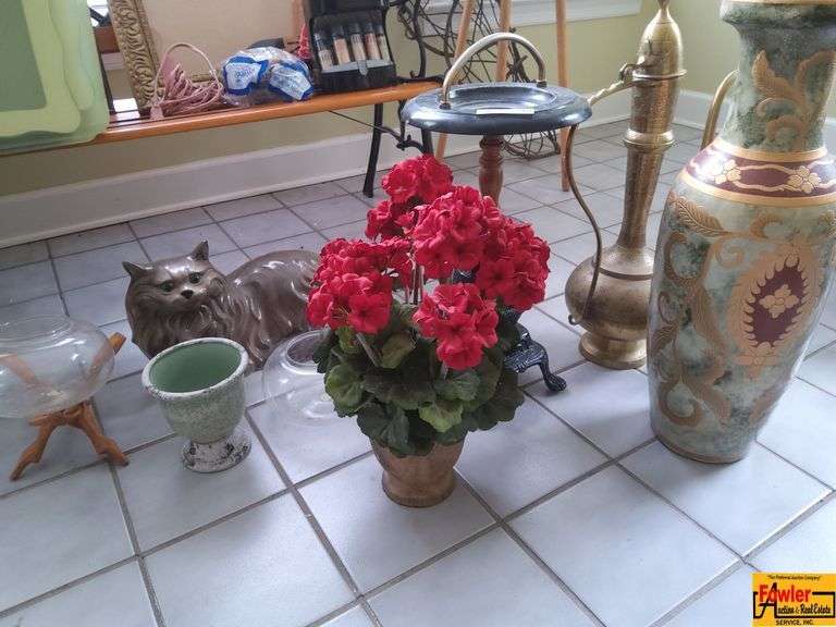 Assorted Decorative Items: Ceramic Cat, Vases, Fish Bowl, Planter image