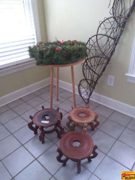 Holiday Wreath with Stand, Vine Sculpture, and Three Wooden Plant Stands image