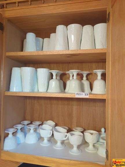 Milk Glass Harvest Grapes Tumblers, goblets, dessert cups, plates, creamers, sugar bowls as well as clear glass serving bowls, platters & assortment of mugs image
