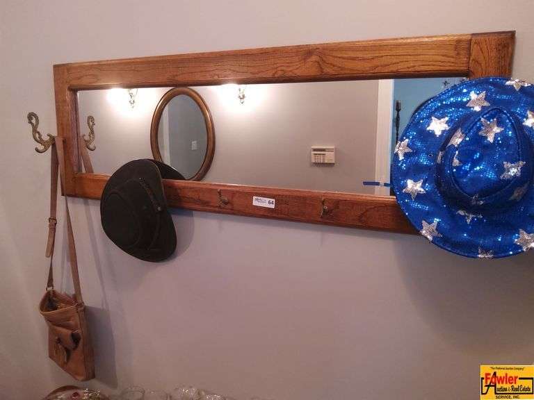 Large Mirror with Coat Hooks, Purse, and Hats image