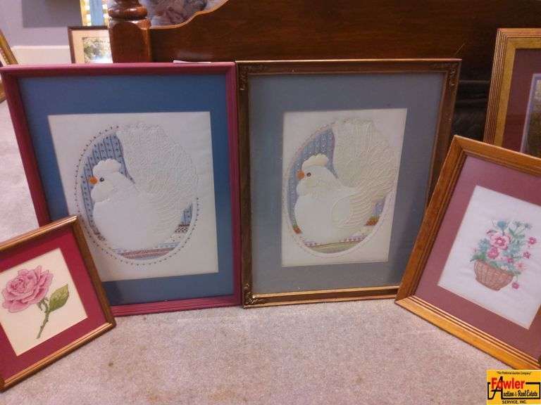 Four Framed Needlepoint Pictures - Chicken, Flowers image