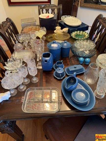 Etched Beverage Glassware, Vintage Yellow Glass Ruffled Compote Bowl, Depression Serving Plates, Blue Stoneware Canisters & Serving Pieces, Etched Glass Pitcher & Vase, Decorative Display Plate & More, image