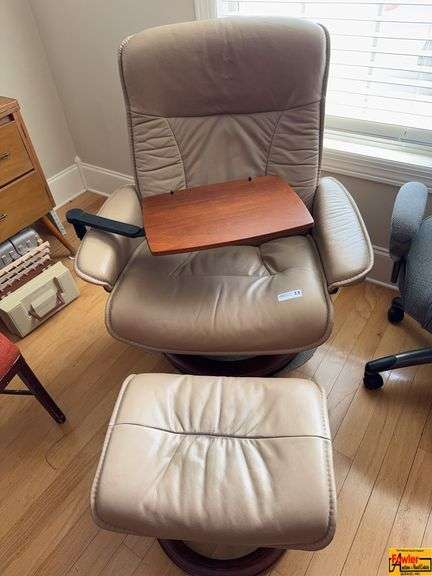 Leather Stressless Recliner With Swing Table & Ottoman image