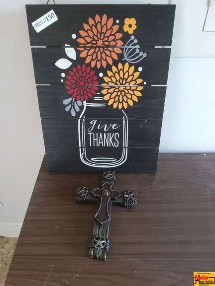 Give Thanks Sign and Western Cross Decor image