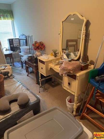 Contents Of Bedroom:  bed frame, vanity dresser, side table, wood high chair, picture frames, lamp, pitcher/basin set, hand-held vacuum & so much more image