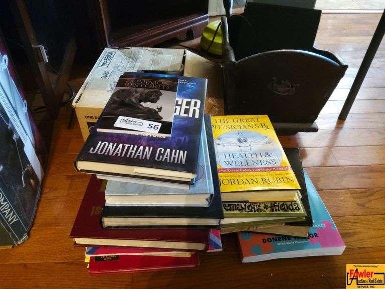 Mixed Lot of Books, Magnavox DVD Player, Wood Magazine Rack & White Ceramic Pitchers image