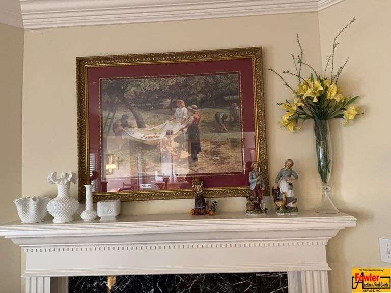 Framed Print "The Apple Gatherers" by Frederick Morgan, Framed Print "Harmony Of Spring" by Vernon Ward, Framed Vintage Beach Print, White Milk Glass Hobnail Vases & Planters, Figurines & Tall Clear Vase With Floral Arrangement image