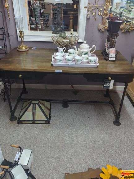 Wood Top Desk with Black Metal Base (Contents on Top Not Included) image