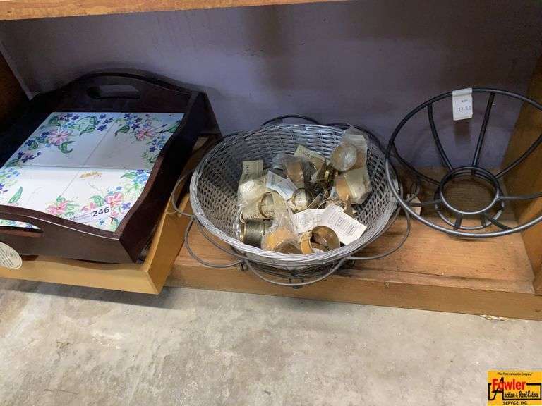 Assorted Collection of NAPKIN RINGS in Metal Basket with Tray and Lampshade Frame image