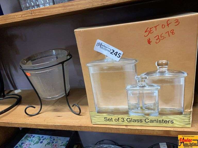 Glass Canister Set of 3 and Glass Vase in Metal Stand image