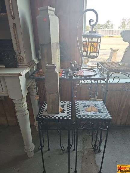 Decorative Square Vase and Set of Four Metal Plant Stands with Tile Tops image