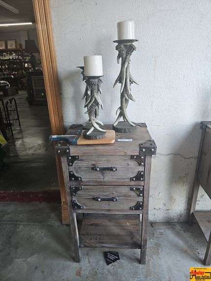Rustic Wood Side Table with Antler Candle Holders image