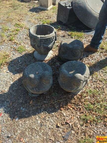 Concrete Garden Planter and Owl Statues - Set of Four image