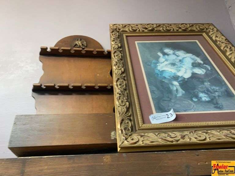 Assorted Home Decor Lot: Framed Print, Woven Basket, and Decorative Wooden Shelf image