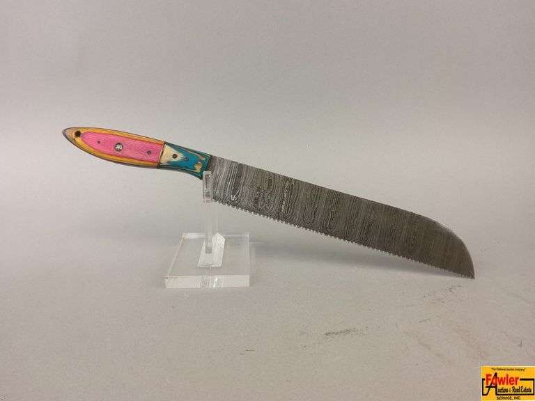 Handmade Serrated Knife with Colorful Wood Handle image