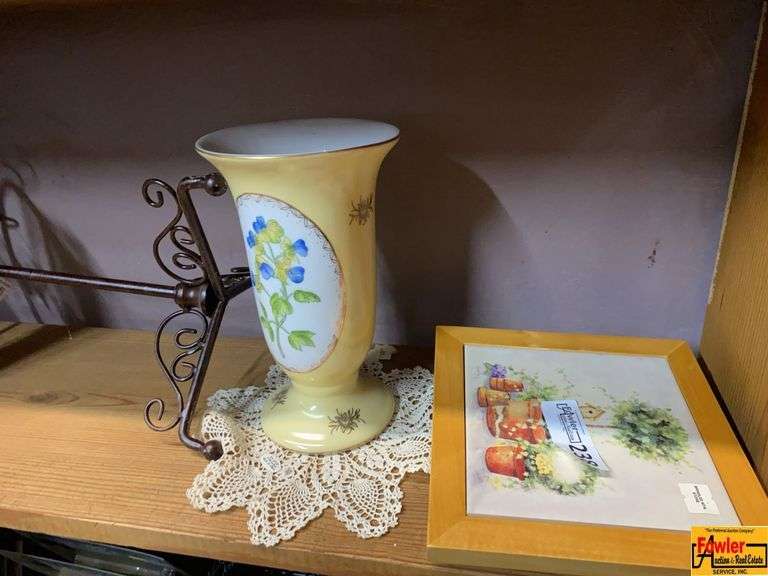 Assorted Home Decor Items: Framed Art, Floral Vase, and Display Stand image
