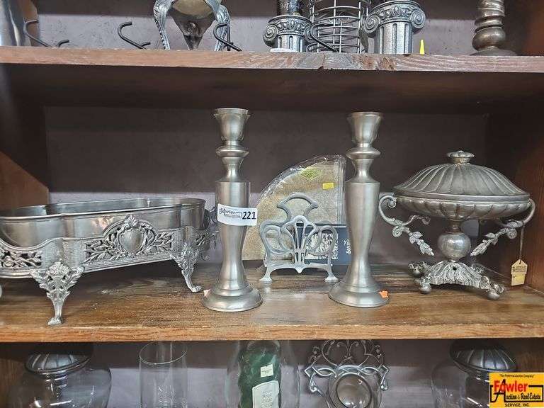 Pewter Decorative Tableware Collection: Tureen, Candlesticks, Tray, and Letter Holder image