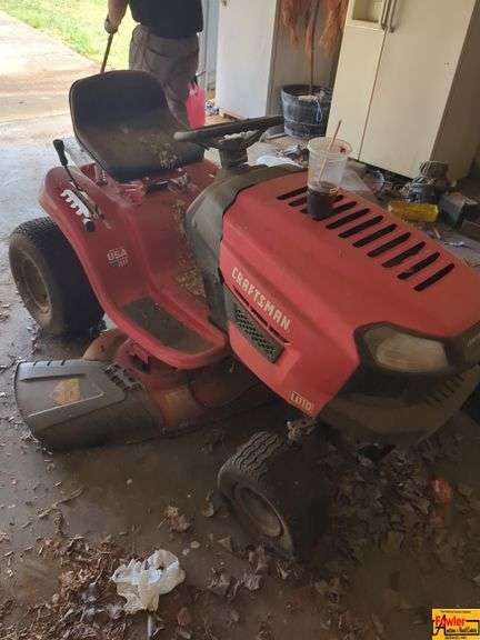 Garage Contents: Storage Cabinet, Craftsman Riding Mower, Shelving, Tool Chest, and More image