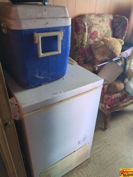 Contents of Room Including Floral Armchair, Chest Freezer & More image