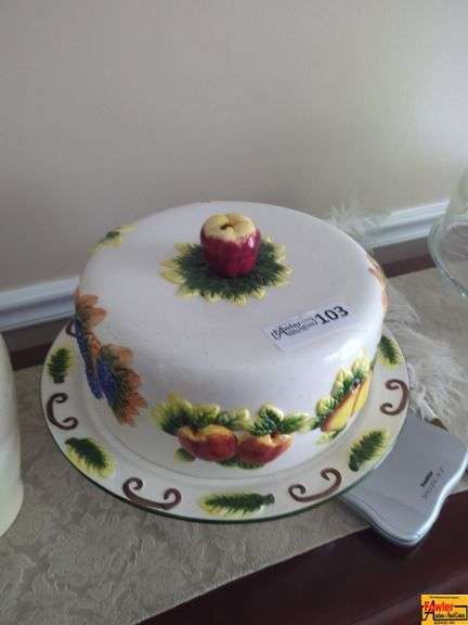 Embossed Fruit Cake Stand,  Ginger Jar, Clear Glass Cake Stand & Green Glass Bud Vase image