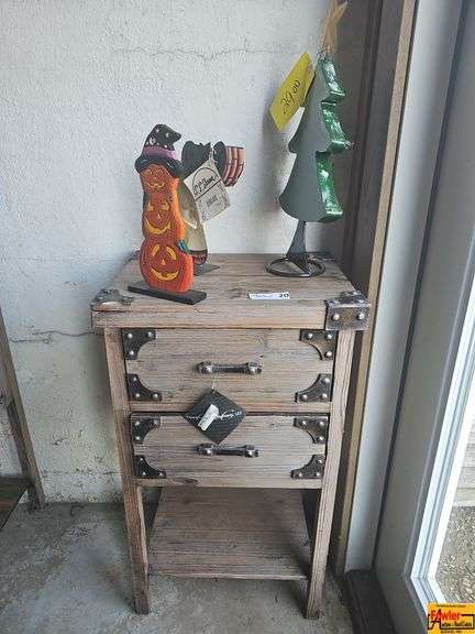 Rustic Wood 2-Drawer Side Table with Metal Accents and Holiday Decor image