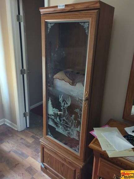 Wood Glass Front Gun Cabinet with Etched Deer Design image