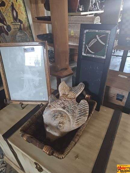 Assorted Home Decor Items: Framed Photo, Fish Sculpture, and Football Chalkboard image