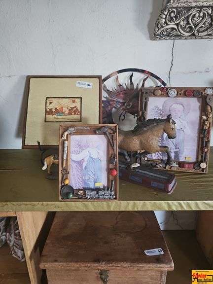 Assorted Collectibles: Framed Art, Sun Wall Hanging, and Decorative Horse image