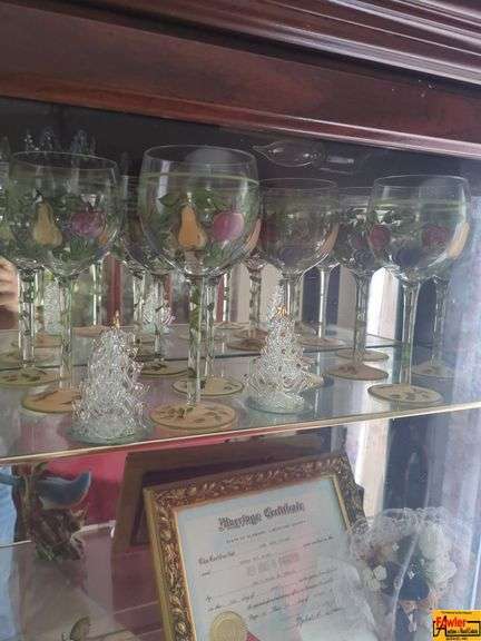Contents Of Display Cabinet:  Decorative Wine Glasses, Blown Glass Figurines, Champagne Flutes, Floral Arrangements image